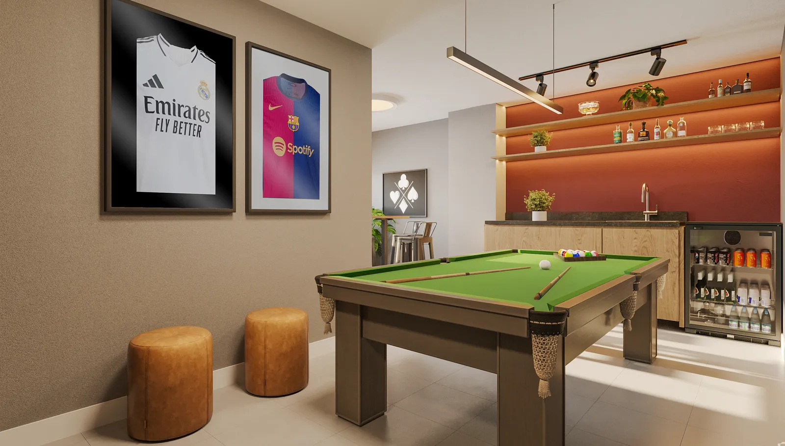 Sport bar do Laguna Ville, com mesa de sinuca, banquetas, televisão e prateleiras