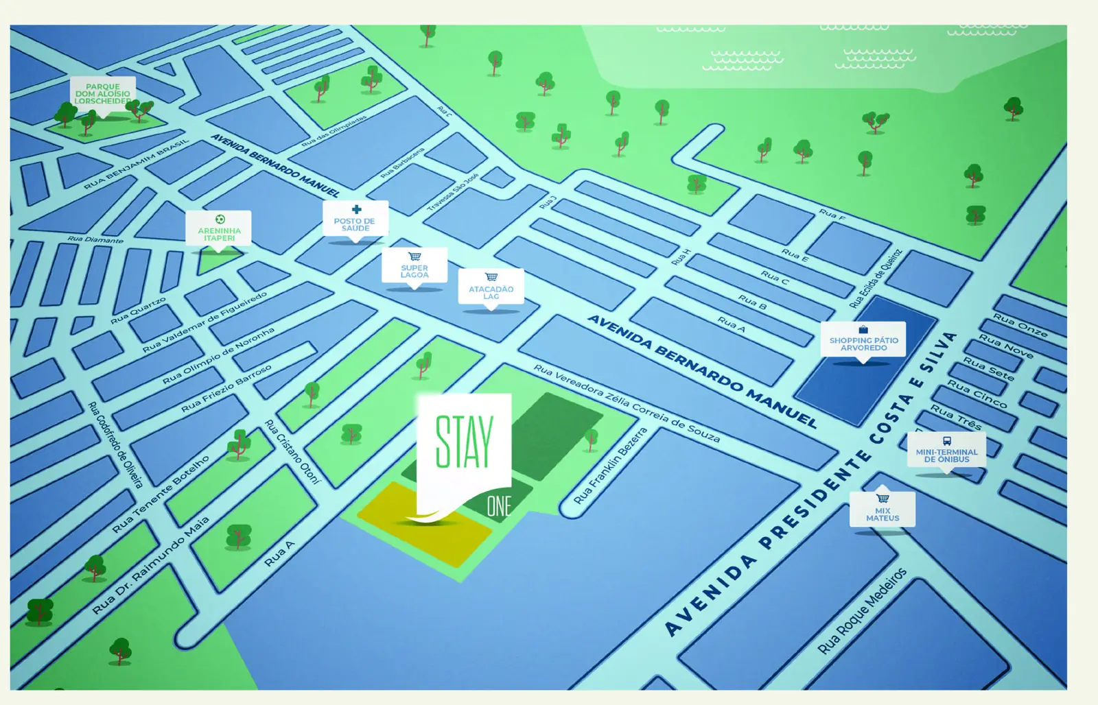 Mapa ilustrado do entorno do Stay One, no Mondubim, com a Avenida Presidente Costa e Silva, a Avenida Bernardo Manuel e os pontos de referência do bairro