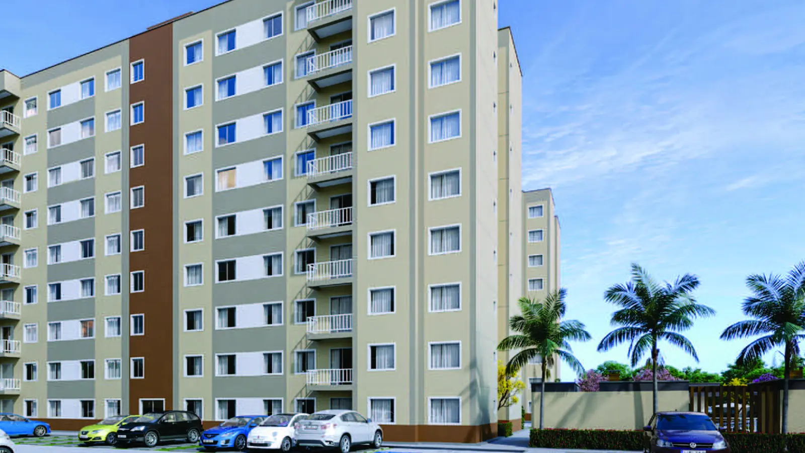 Fachada de uma das torres do Stay One, com estacionamento em primeiro plano