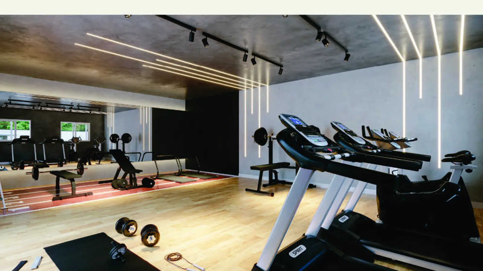 Academia do Stay One, com esteiras, bicicletas e área de treino livre