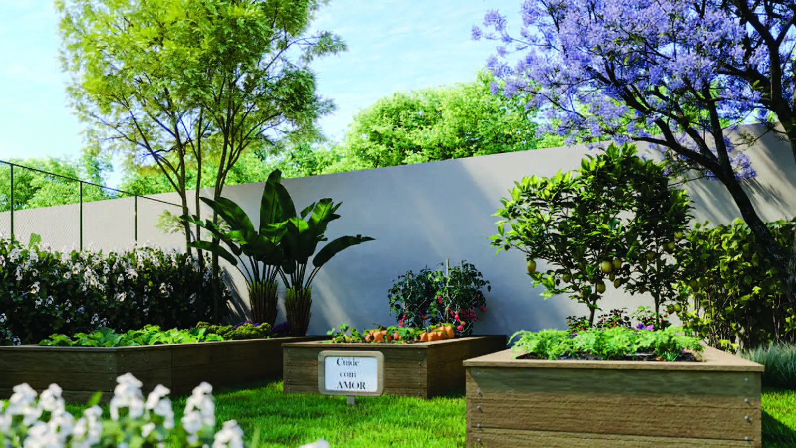 Espaço horta do Stay One, com canteiros elevados de madeira e vegetação ao redor