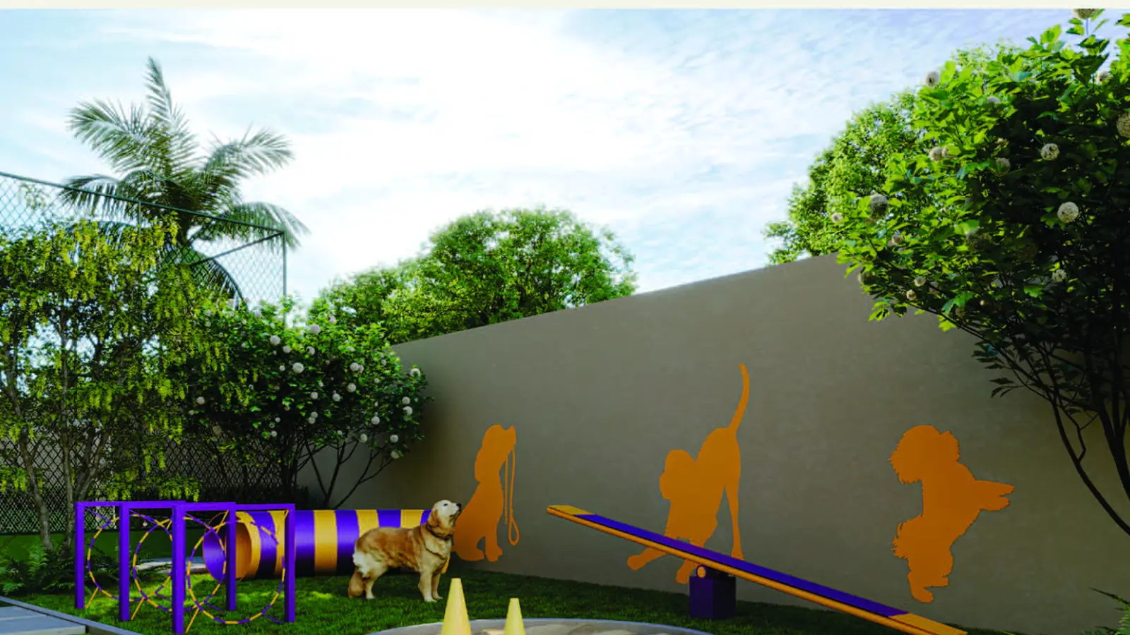 Pet place do Stay One, com túnel, rampa e obstáculos sobre a grama, e cachorro em primeiro plano