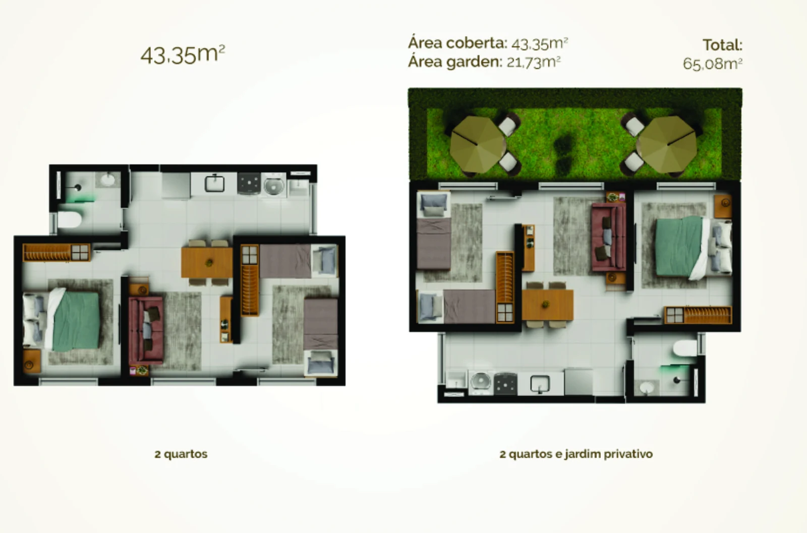 Prancha de plantas do Stay One com a tipologia de 43,35 m² de 2 quartos e 1 suíte reversível, e a versão com jardim privativo de 21,73 m², totalizando 65,08 m²