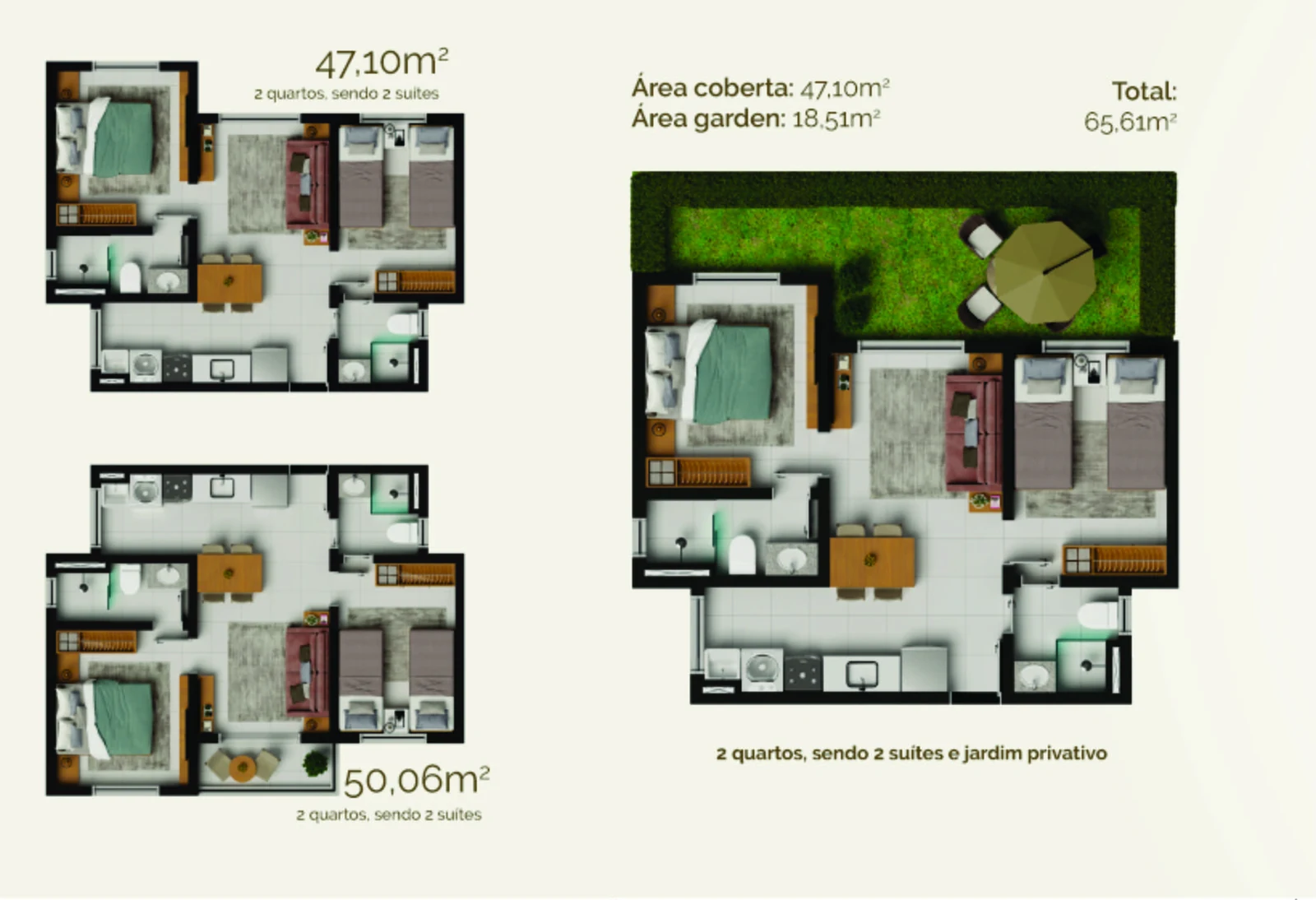 Prancha de plantas do Stay One com as tipologias de 47,10 m² e 50,06 m², de 2 quartos e 2 suítes, e a versão com jardim privativo de 18,51 m², totalizando 65,61 m²