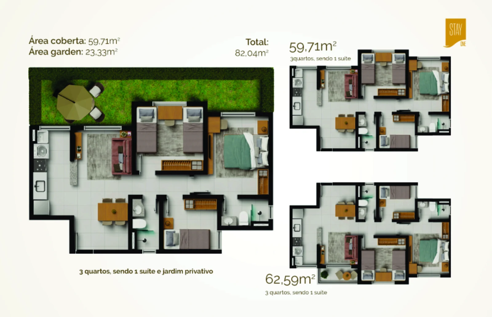 Prancha de plantas do Stay One com as tipologias de 59,71 m² e 62,59 m², de 3 quartos e 1 suíte, e a versão com jardim privativo de 23,33 m², totalizando 82,04 m²
