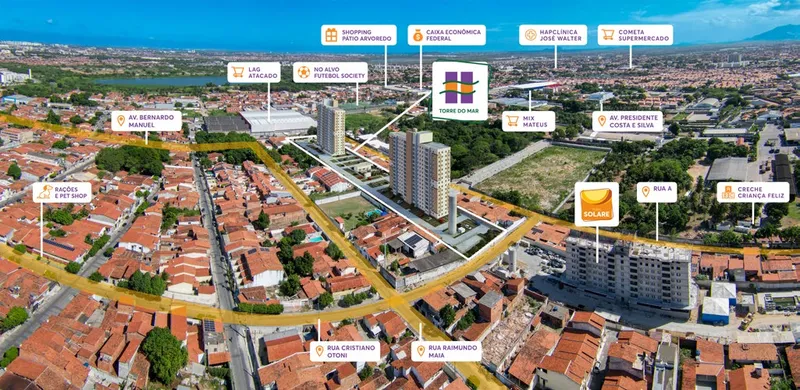 Vista aérea do entorno do Torre do Mar, na região da Maraponga, em Fortaleza, com as avenidas e os pontos de comércio e serviço marcados
