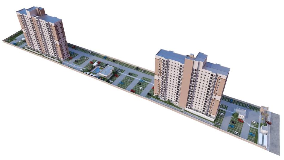 Implantação em 3D do Torre do Mar, com as torres alinhadas ao longo do terreno, o estacionamento e a área de lazer