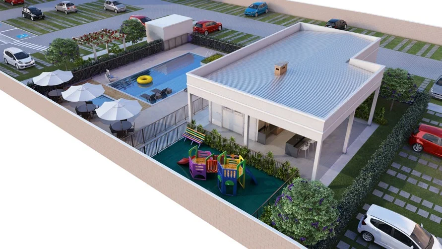 Implantação em 3D da área de lazer do Torre do Mar, com as piscinas adulto e infantil, o deck, o salão de festas e o playground