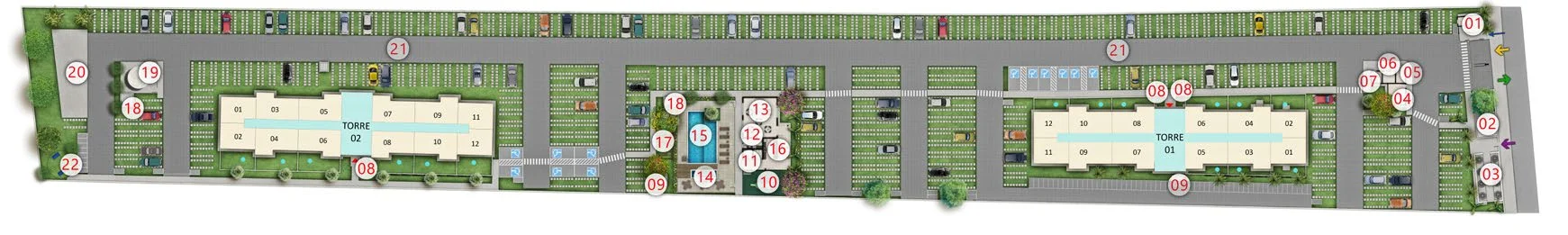 Implantação técnica do Torre do Mar, com a disposição das torres, os acessos, o estacionamento e as áreas comuns ao longo do terreno