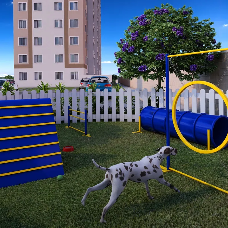 Pet place do Torre do Mar, cercado, com rampa, túnel e argola de agility sobre a grama, e um cão brincando