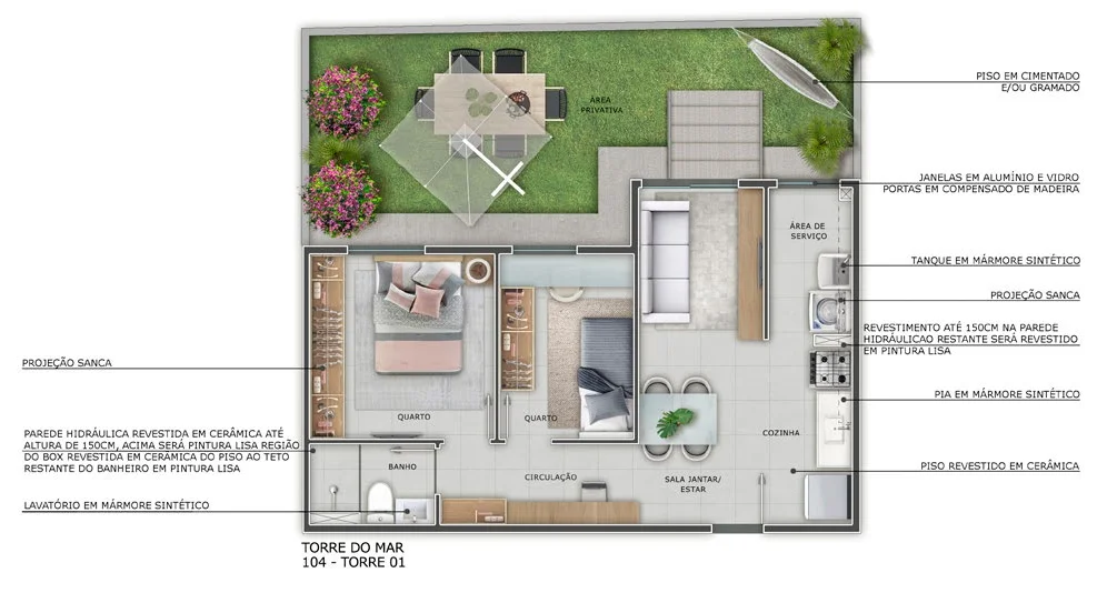 Planta baixa do apartamento com área privativa do Torre do Mar, Torre 01, apartamento 104: o apartamento somado ao quintal descoberto do térreo