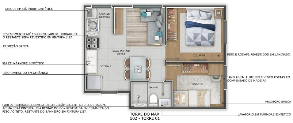 Planta baixa do apartamento tipo do Torre do Mar, Torre 01, apartamento 502: sala e cozinha integradas, área de serviço, banheiro e dois quartos