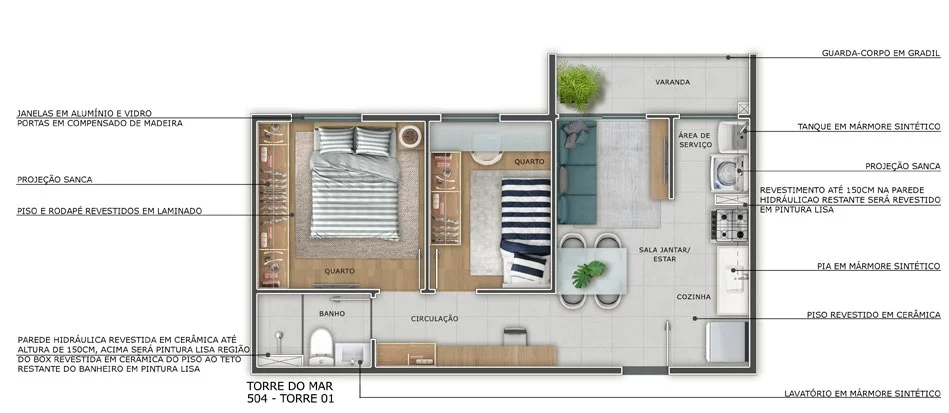 Planta baixa do apartamento com varanda do Torre do Mar, Torre 01, apartamento 504: sala e cozinha integradas, área de serviço, banheiro, dois quartos e varanda