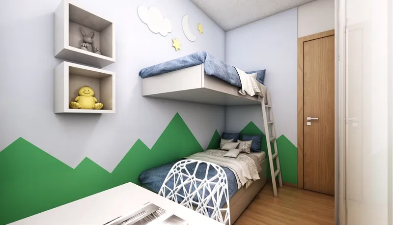 Segundo quarto de um apartamento do Torre do Mar, decorado como quarto infantil, com cama, prateleiras e pintura na parede