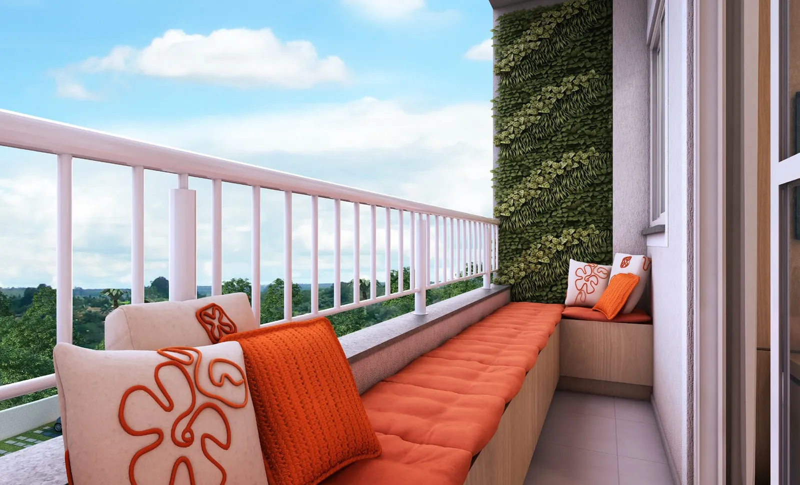 Varanda decorada de um apartamento do Torre do Mar, com banco, almofadas, jardim vertical e guarda-corpo branco