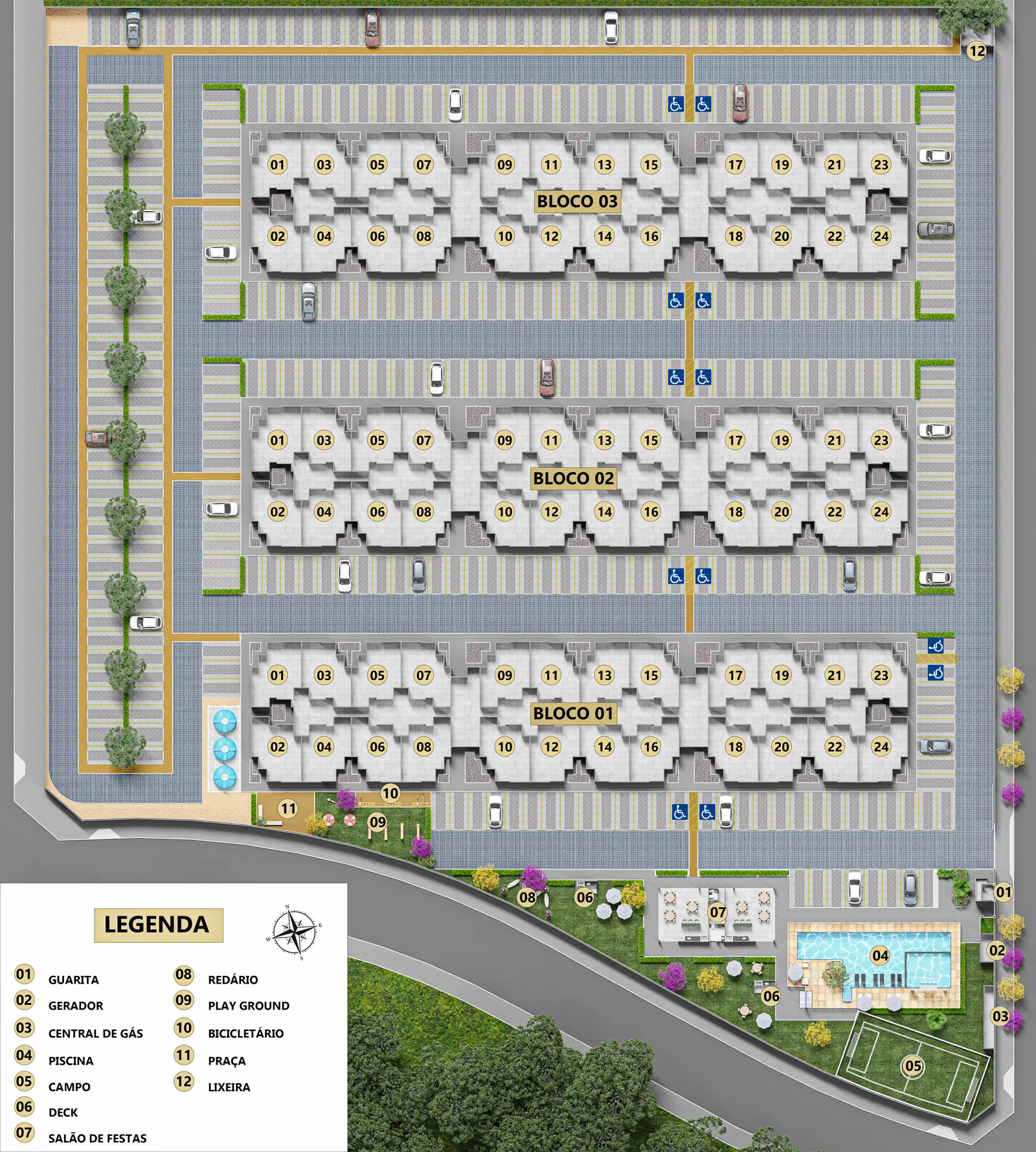 Planta de implantação do Village Monet, com os três blocos numerados, o estacionamento e a área de lazer com piscina, campo e salão de festas