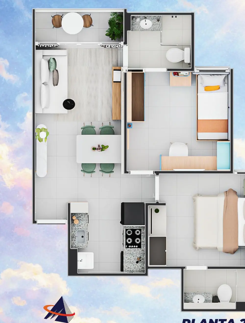 Planta baixa do apartamento do Village Monet: varanda, sala, cozinha com área de serviço e duas suítes, com 44,95 m²