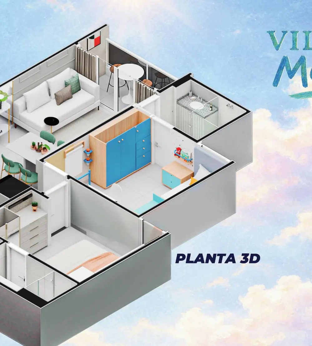 Perspectiva tridimensional do apartamento do Village Monet, mostrando a distribuição dos ambientes