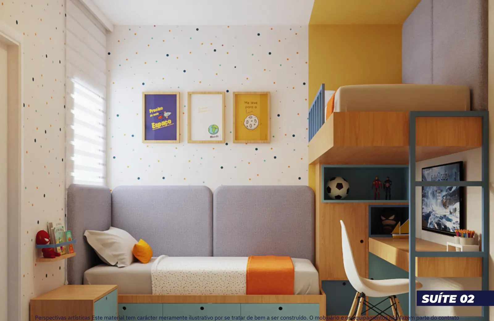 Segunda suíte do Village Monet, decorada como quarto infantil com beliche e escrivaninha