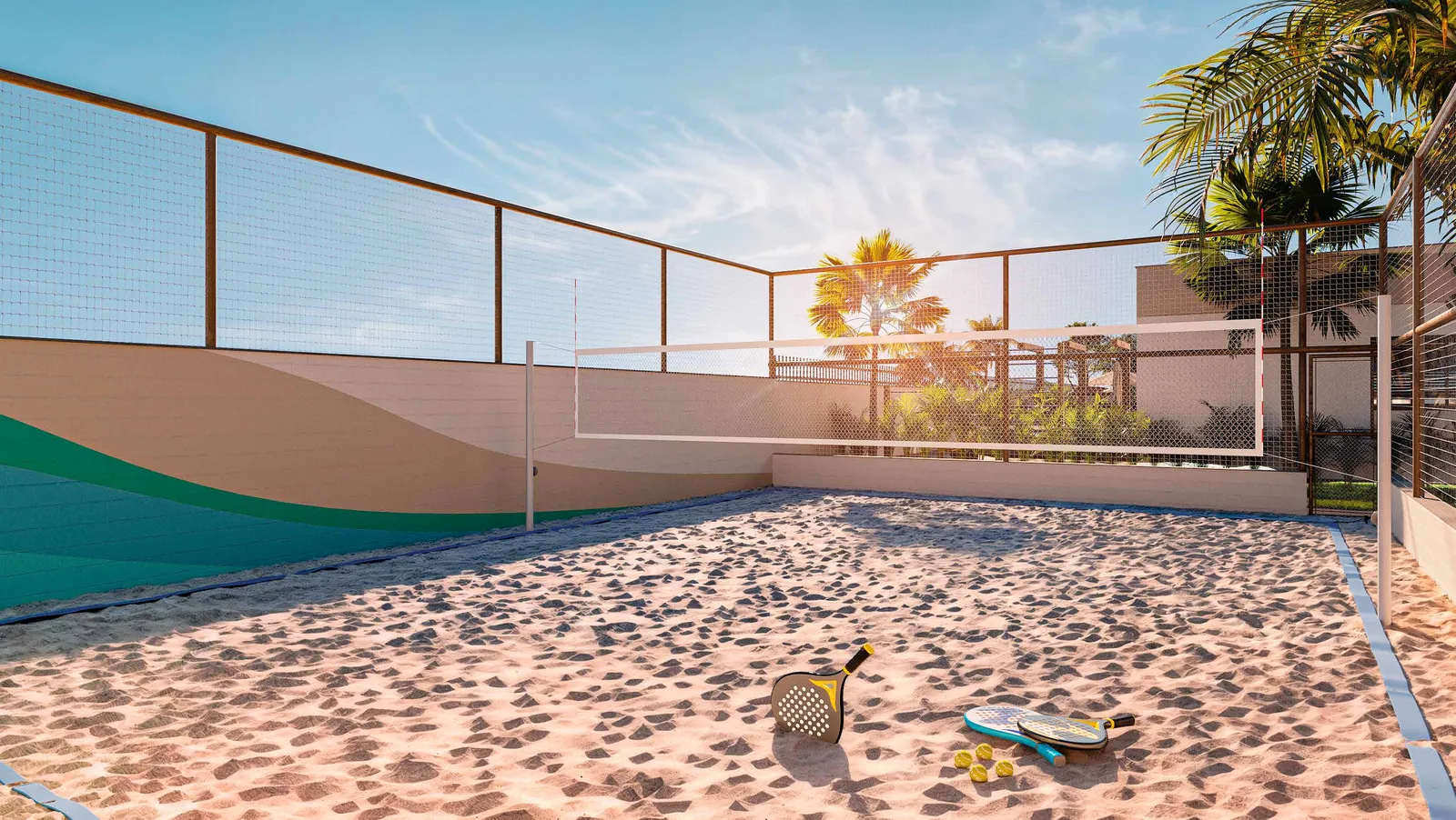 Quadra de beach tennis do Vista Coqueiral, de areia, com rede, alambrado e coqueiros