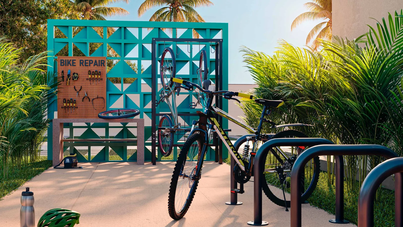 Bicicletário do Vista Coqueiral, com painel de bike repair, suportes e bicicletas