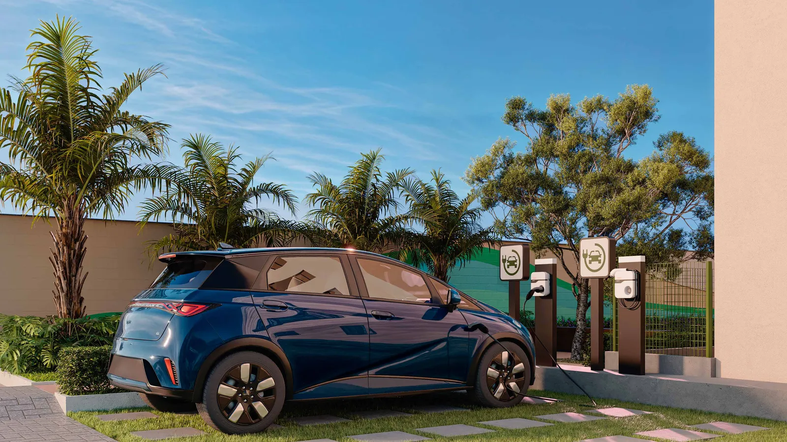 Estação de recarga para carros elétricos do Vista Coqueiral, com carregadores e um carro conectado