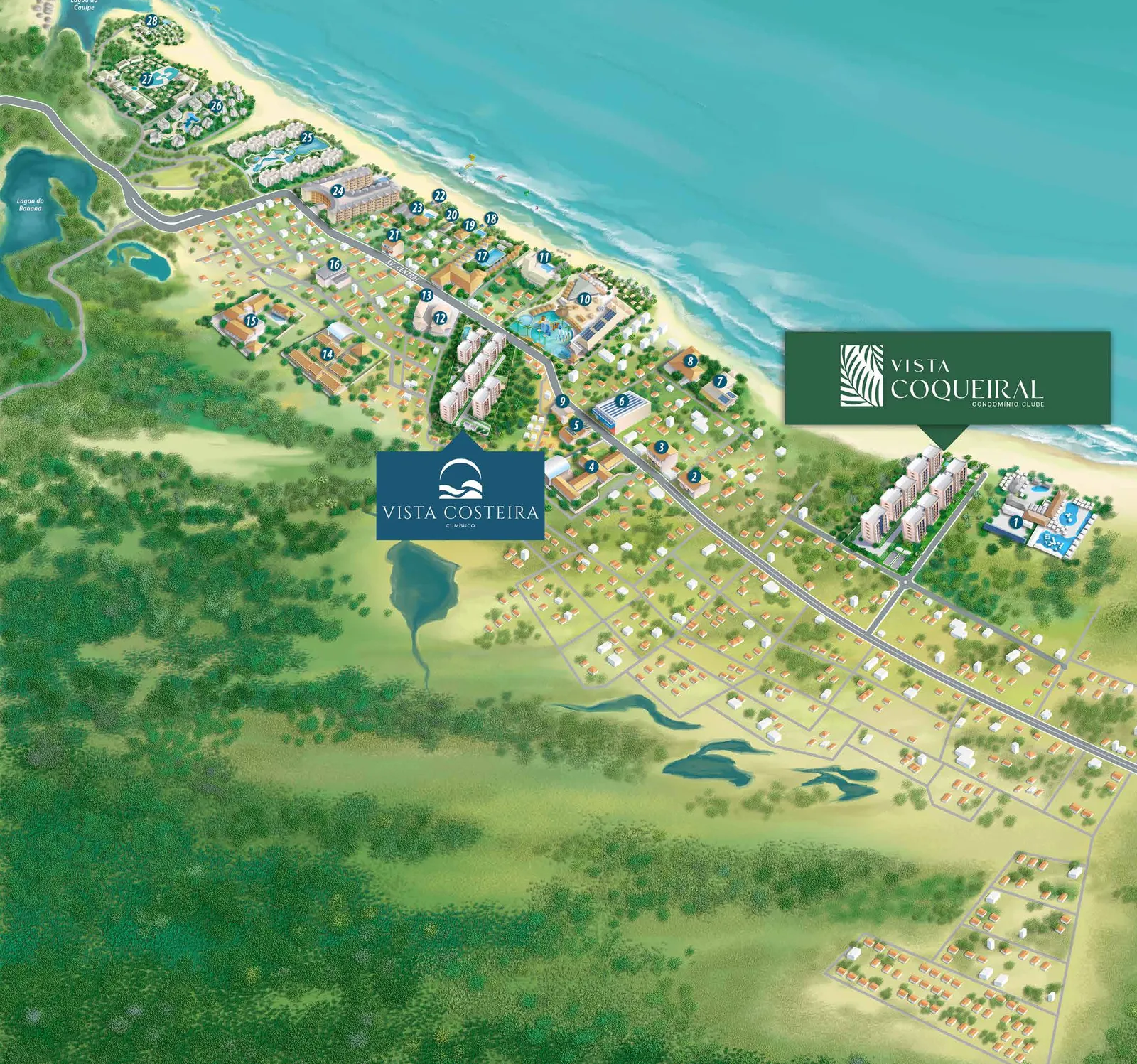 Mapa ilustrado da Praia do Cumbuco, com a orla, as lagoas, a duna e a posição do Vista Coqueiral marcada