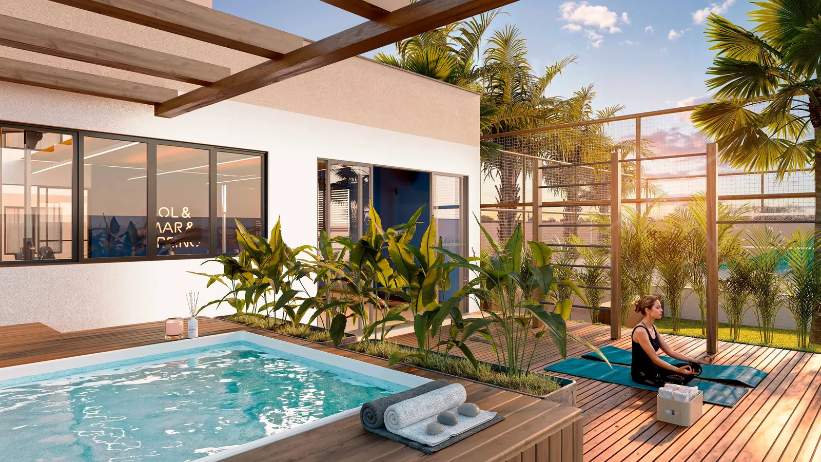 Espaço wellness do Vista Coqueiral, com deck de madeira, banheira de hidromassagem e pergolado