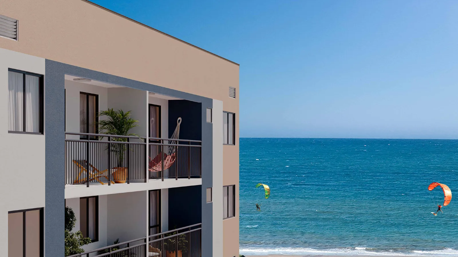 Fachada de uma das torres do Vista Coqueiral, com varandas voltadas para o mar e kitesurfistas ao fundo