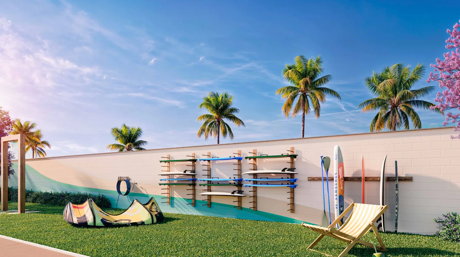 Guarderia do Vista Coqueiral, com suportes para pranchas de kite e stand-up, junto ao lazer voltado para o mar