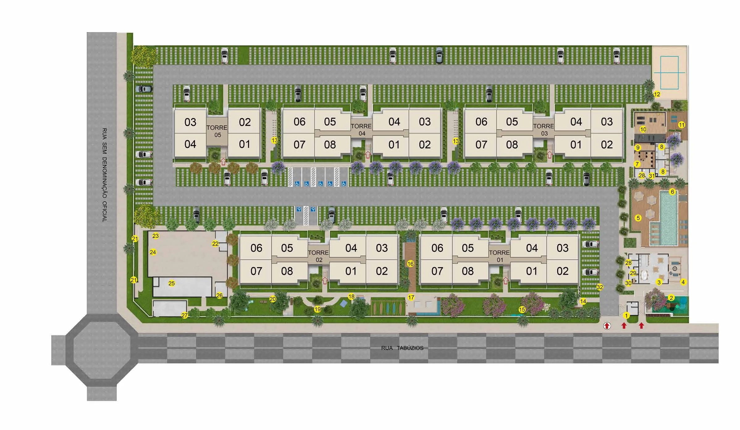 Implantação do Vista Coqueiral, com as cinco torres, o estacionamento, os acessos pela Rua Tabuzios e as áreas de lazer numeradas de 1 a 32 do lado voltado para a praia