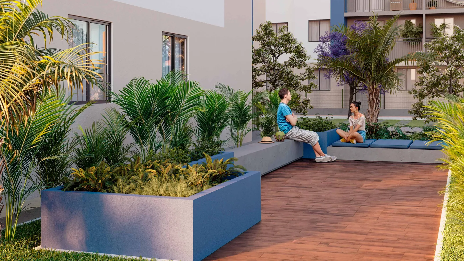 Jardim sensorial do Vista Coqueiral, com canteiros elevados, bancos e vegetação nativa