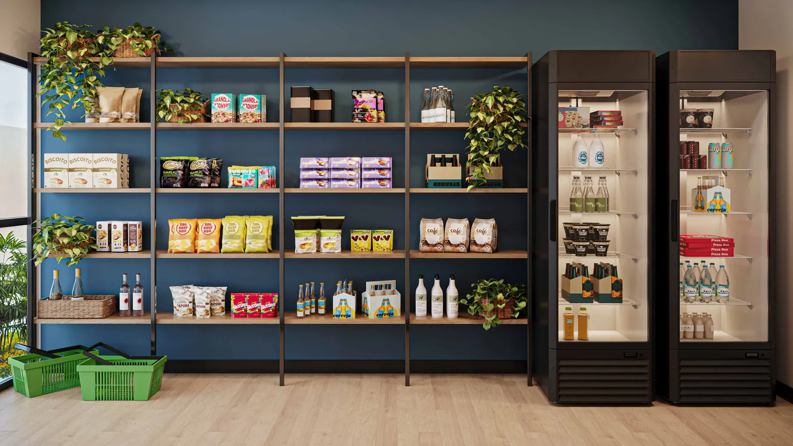 Minimercado do Vista Coqueiral, com prateleiras, geladeiras de bebidas e cestas de compra