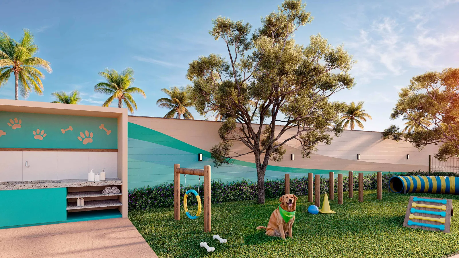 Pet place e pet care do Vista Coqueiral, cercado, com obstáculos de agility e um cão brincando