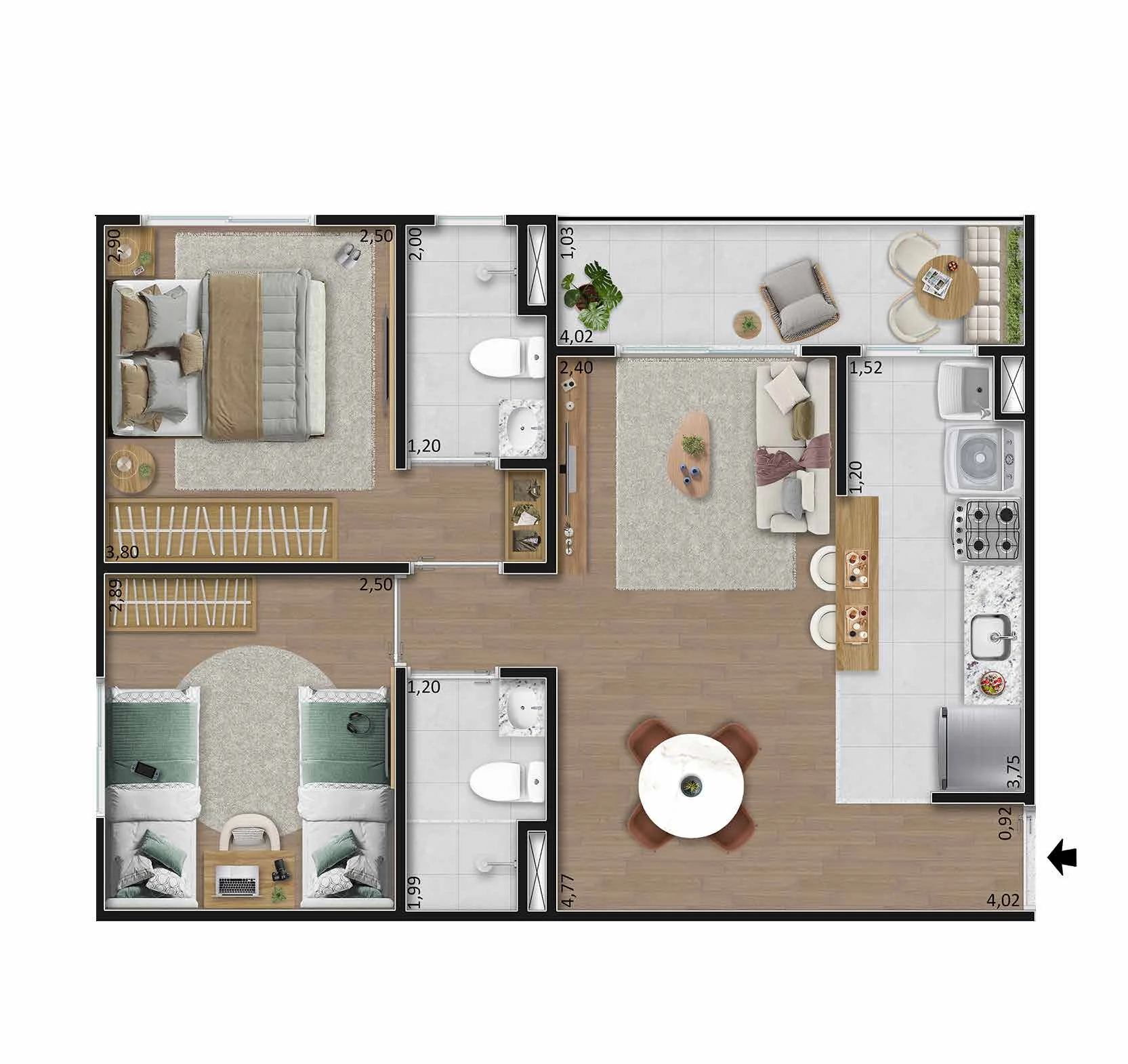 Planta baixa do Tipo A do Vista Coqueiral: varanda, sala de estar e jantar, cozinha com área de serviço, dois banheiros abertos para a circulação e dois quartos, com 48,82 m²