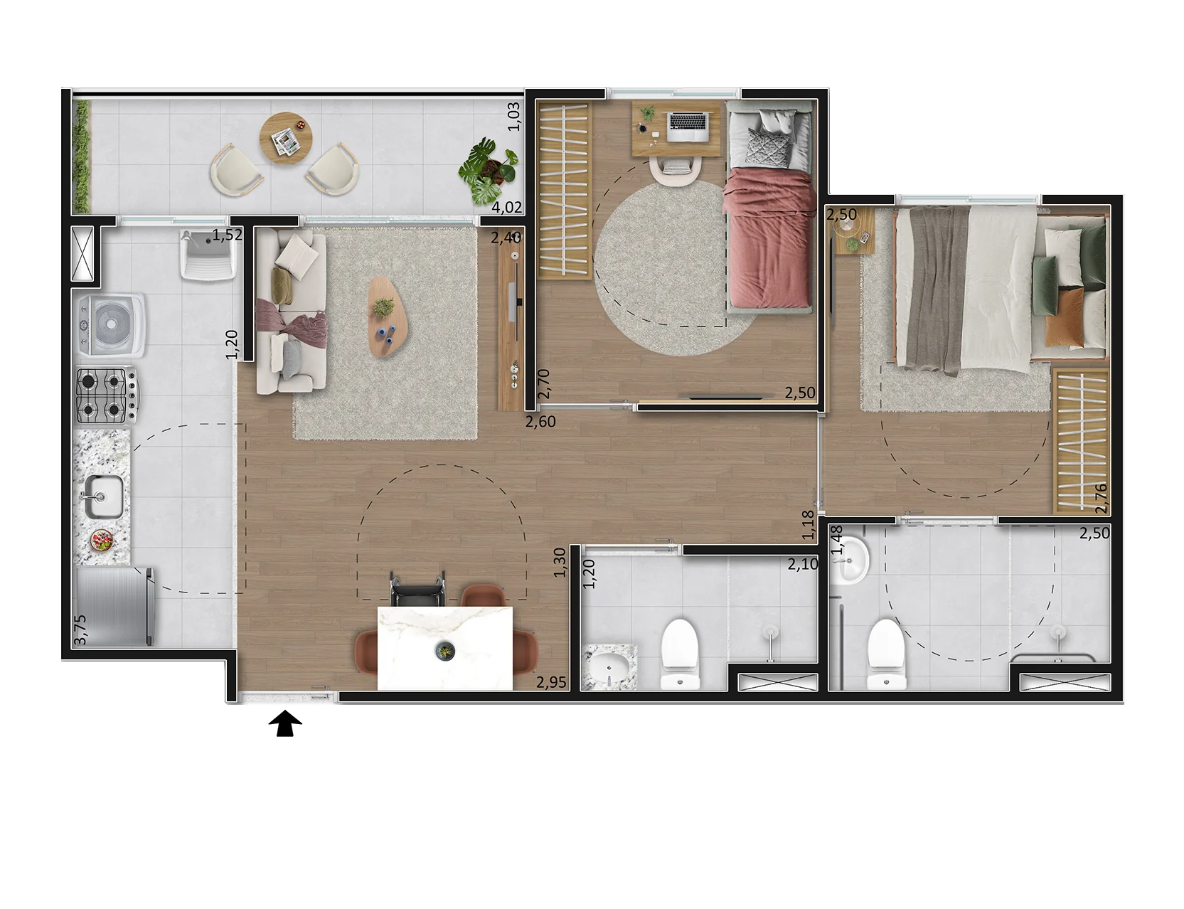 Planta baixa da unidade acessível Tipo B PCD do Vista Coqueiral, com 48,19 m²
