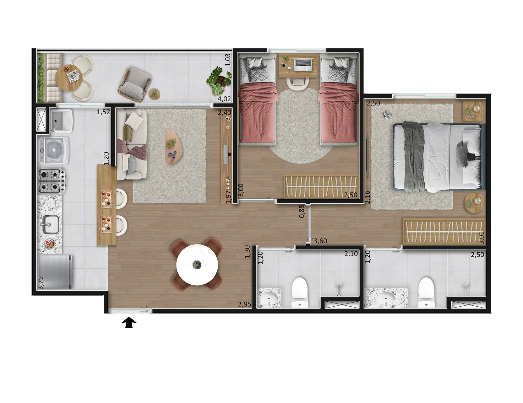 Planta baixa do Tipo B do Vista Coqueiral: varanda, sala de estar e jantar, cozinha com área de serviço, dois quartos e dois banheiros, sendo um deles com acesso pelo quarto de casal — suíte