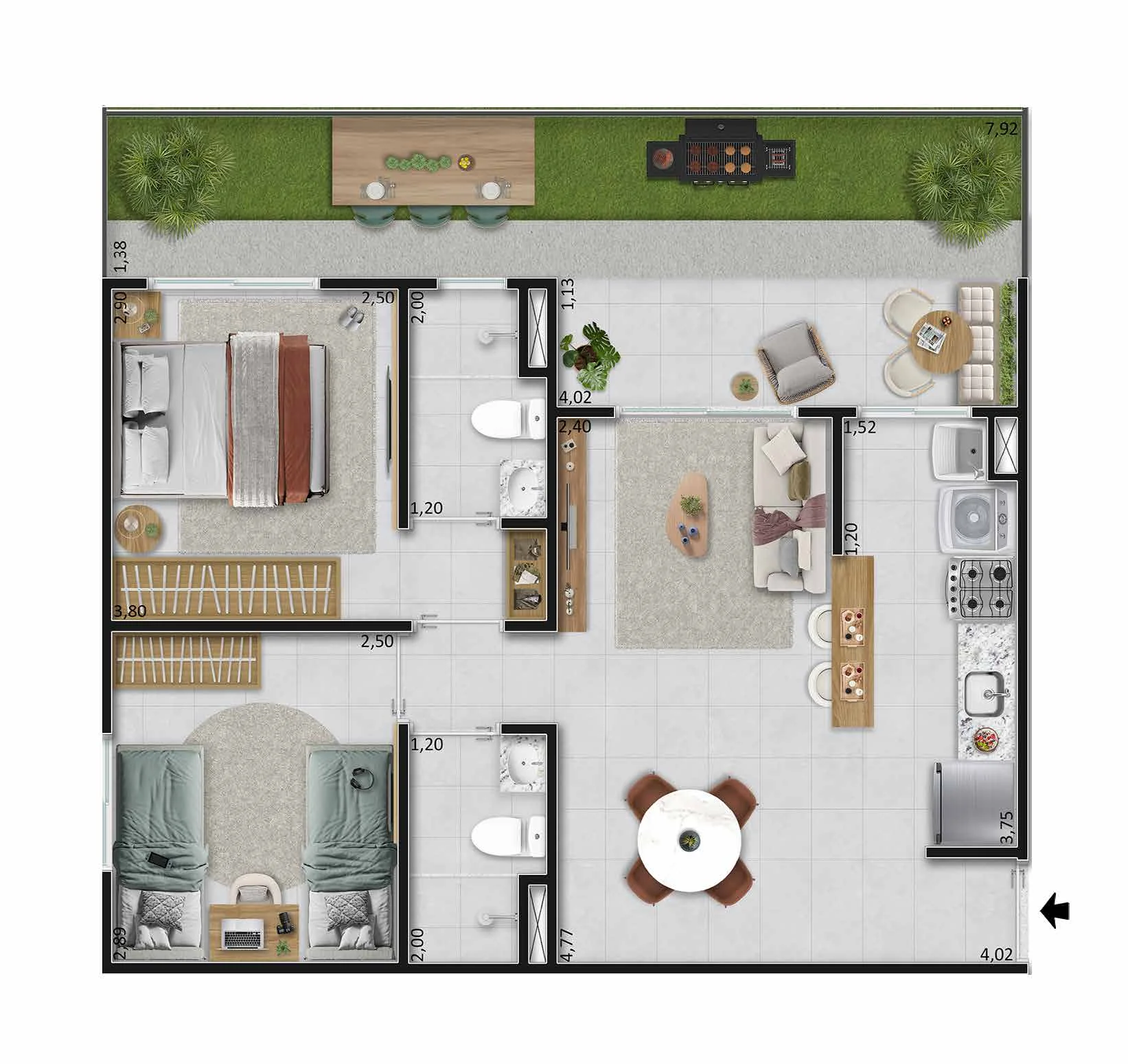 Planta baixa do Tipo C do Vista Coqueiral: apartamento de térreo de 48,82 m² com jardim privativo de 12,10 m²