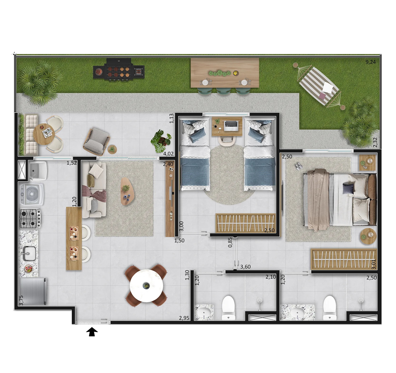 Planta baixa do Tipo D do Vista Coqueiral: apartamento de térreo de 48,19 m² com jardim privativo de 16,55 m²