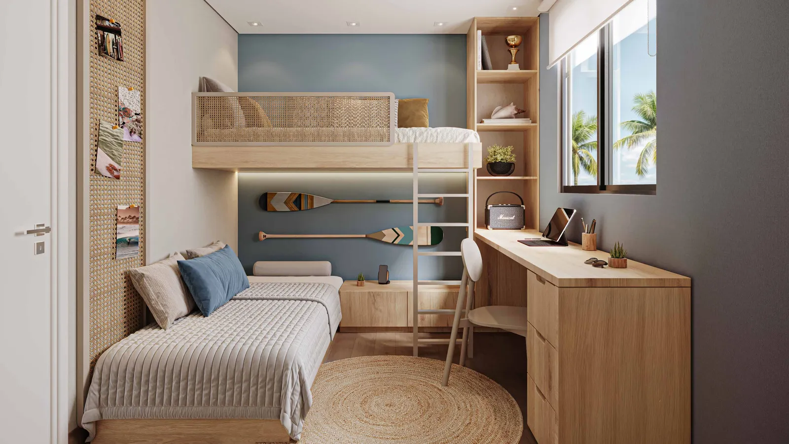 Segundo quarto de um apartamento do Vista Coqueiral, decorado com cama, beliche, escrivaninha e armário
