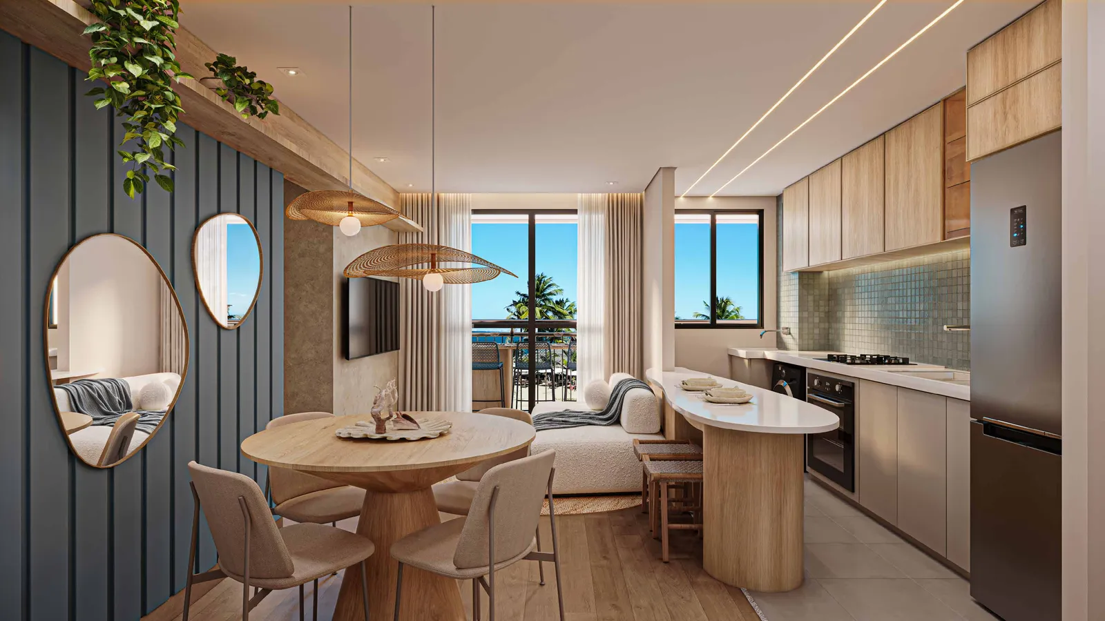 Sala de estar e jantar decorada de um apartamento do Vista Coqueiral, integrada à cozinha, com mesa, bancada e vista para o mar