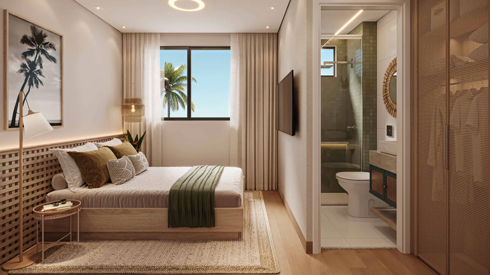 Suíte decorada da Planta Tipo B do Vista Coqueiral, com cama, televisão e acesso ao banheiro