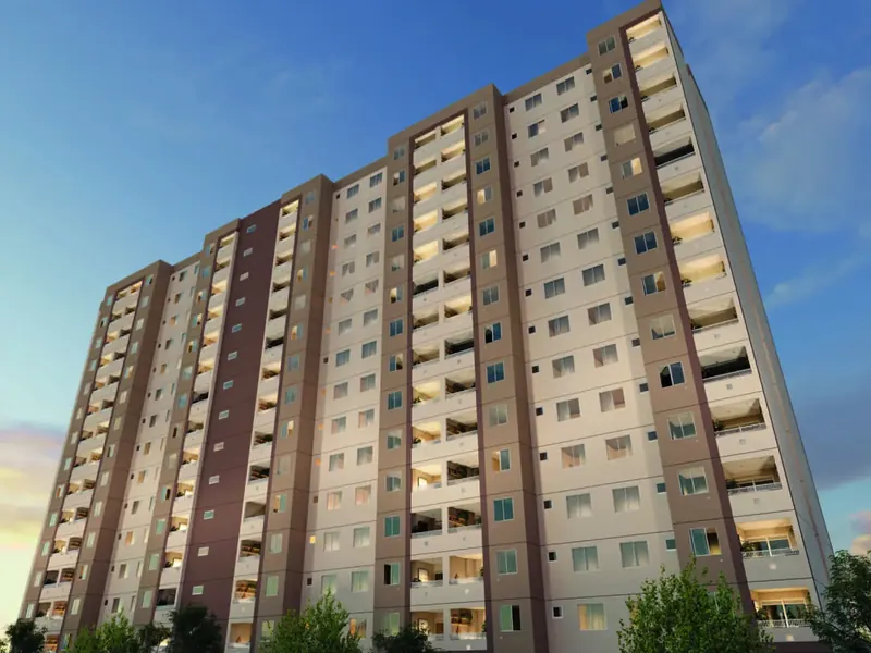 Fachada das torres do Vista di Mari Prime, na Praia do Futuro, vistas de baixo ao entardecer