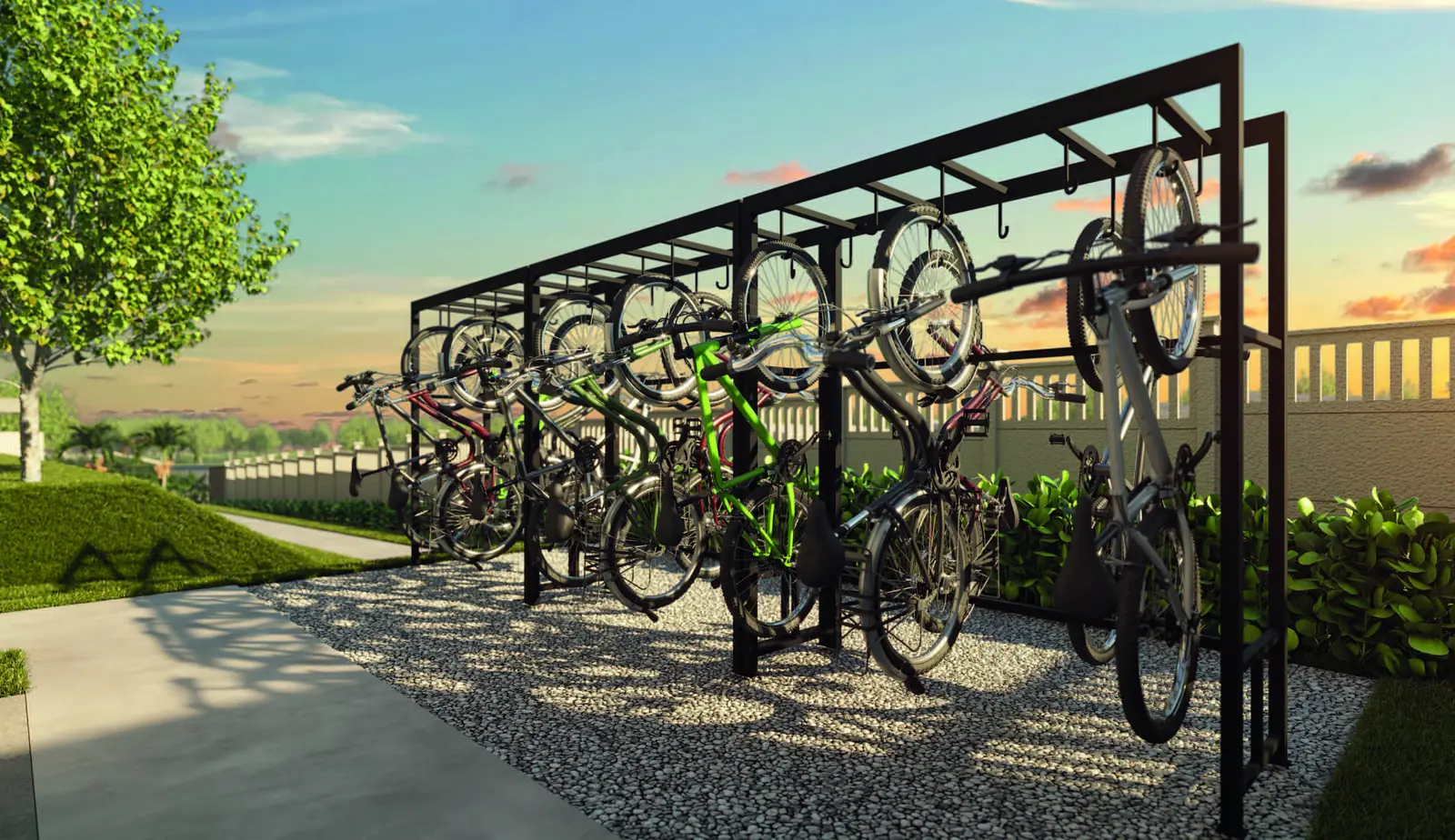 Bicicletário coberto do Vista di Mari Prime, com suportes verticais e bicicletas guardadas