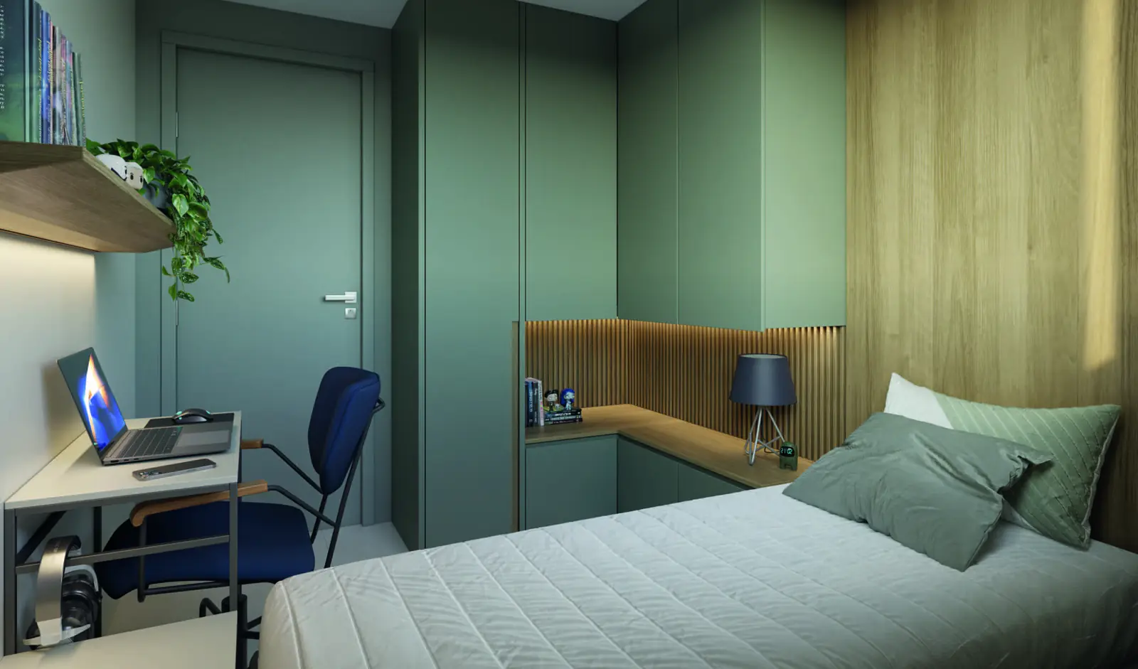 Segundo quarto do Vista di Mari Prime, decorado como home office com escrivaninha, cadeira e cama de solteiro