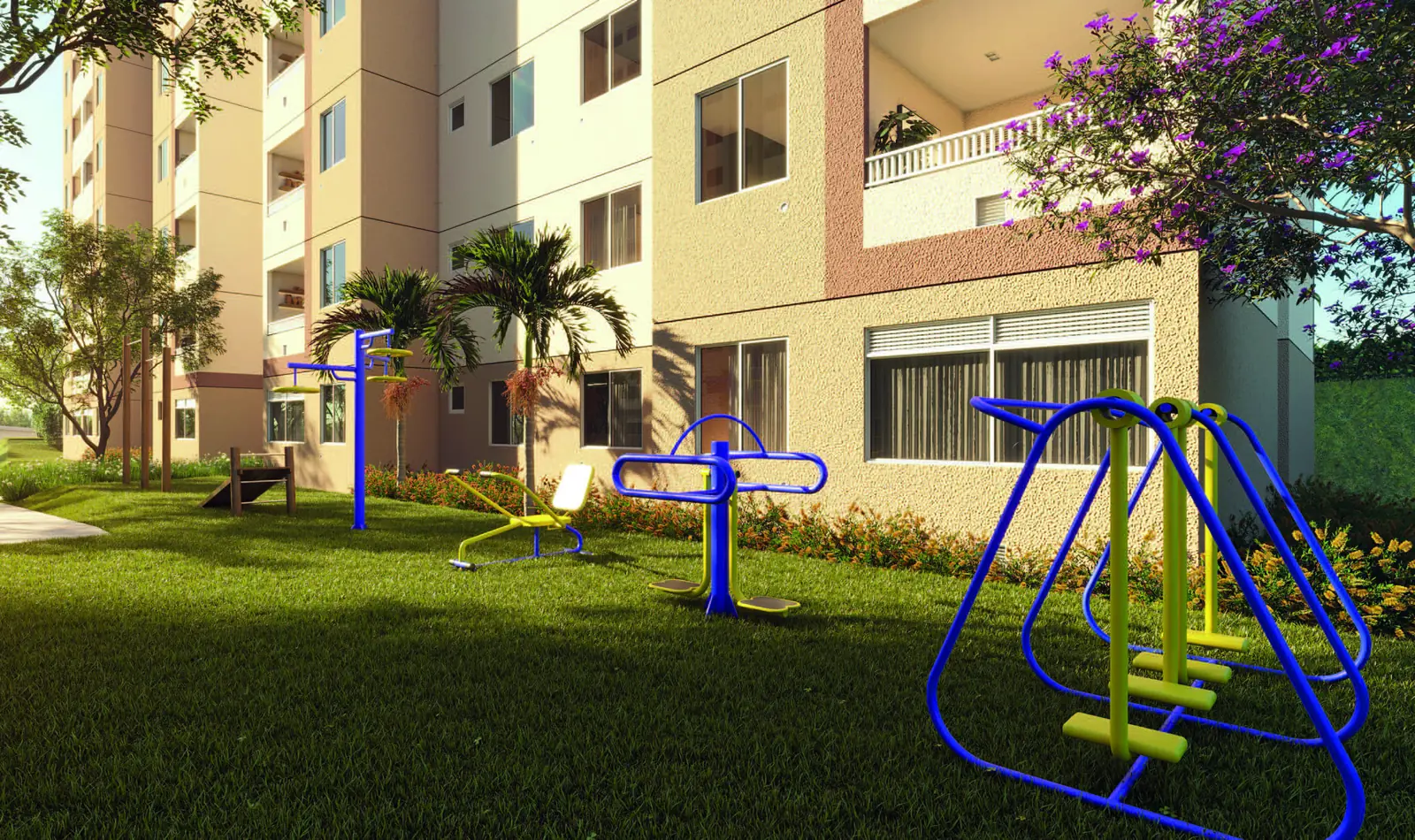 Fitness externo do Vista di Mari Prime, com aparelhos de ginástica ao ar livre junto ao bloco
