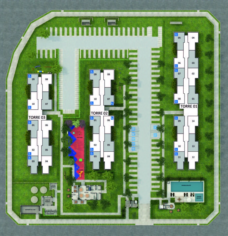 Implantação do térreo do Vista di Mari, com as três torres, o estacionamento, a portaria e a área de lazer com piscinas, churrasqueiras, playgrounds e bicicletários