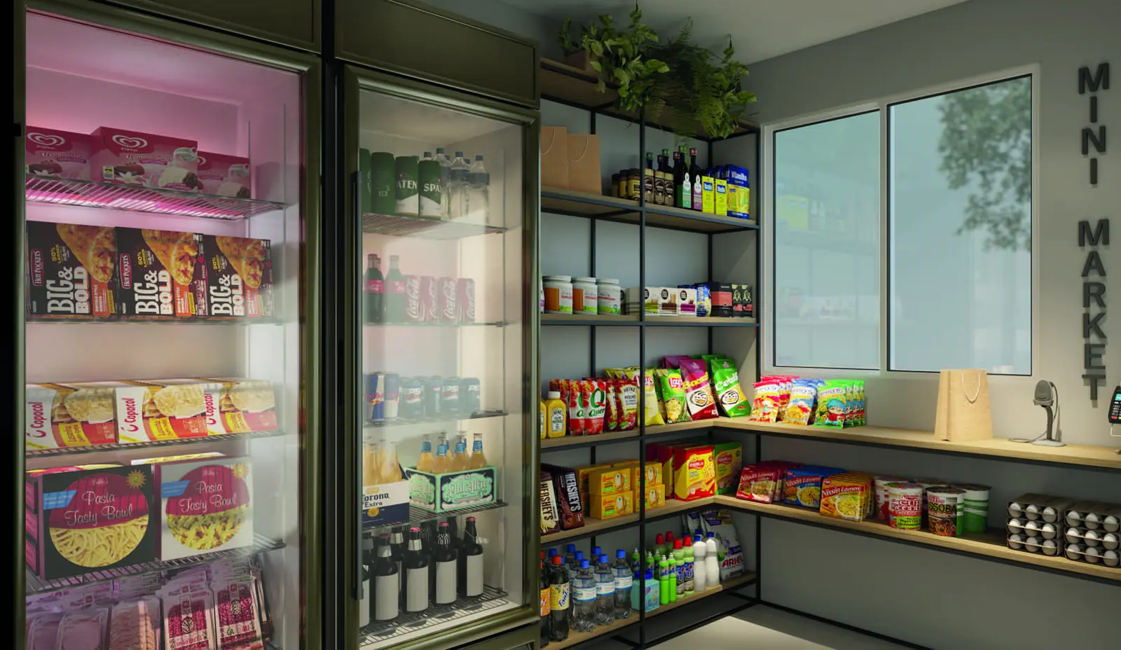 Perspectiva do espaço reservado para minimarket do Vista di Mari Prime, com prateleiras e geladeira