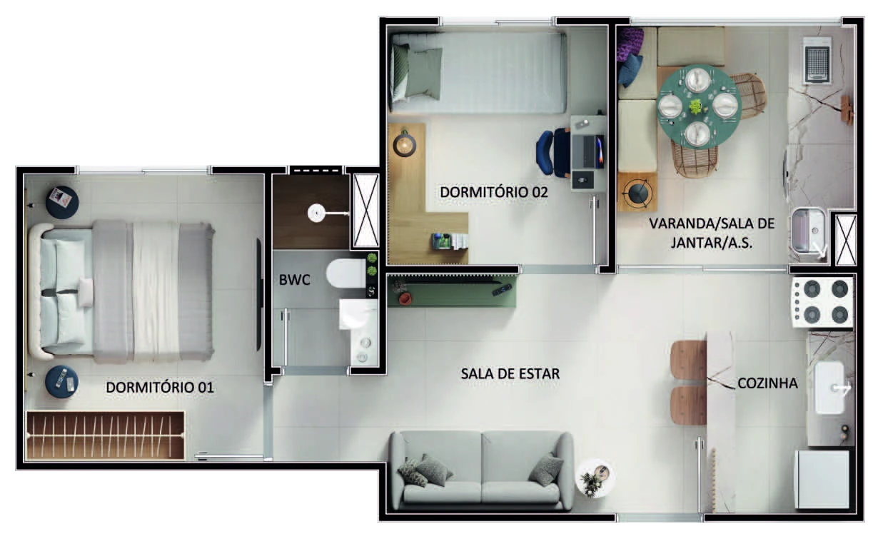 Planta baixa do apartamento com varanda do Vista di Mari Prime: varanda integrada à sala de jantar e área de serviço, sala de estar, cozinha, banheiro e dois dormitórios