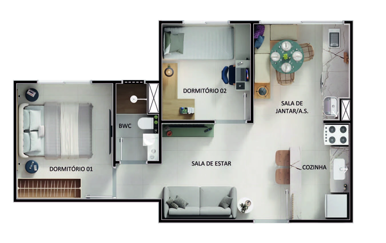 Planta baixa do apartamento sem varanda do Vista di Mari Prime: sala de estar, sala de jantar com área de serviço, cozinha, banheiro e dois dormitórios